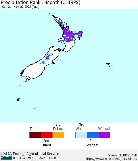 New Zealand Precipitation Rank since 1981, 1-Month (CHIRPS) Thematic Map For 10/21/2022 - 11/20/2022
