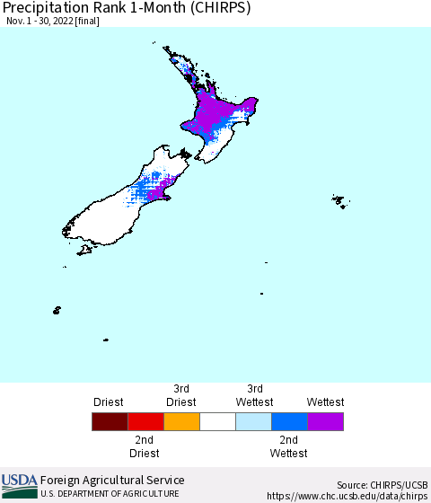 New Zealand Precipitation Rank since 1981, 1-Month (CHIRPS) Thematic Map For 11/1/2022 - 11/30/2022