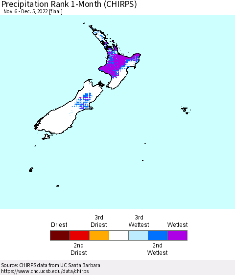 New Zealand Precipitation Rank since 1981, 1-Month (CHIRPS) Thematic Map For 11/6/2022 - 12/5/2022