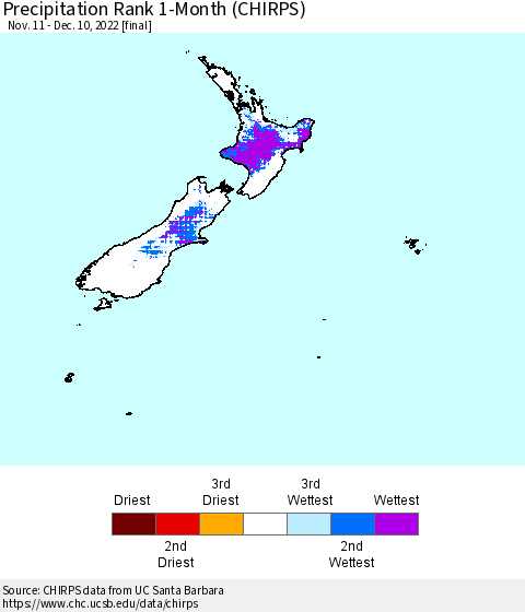 New Zealand Precipitation Rank since 1981, 1-Month (CHIRPS) Thematic Map For 11/11/2022 - 12/10/2022