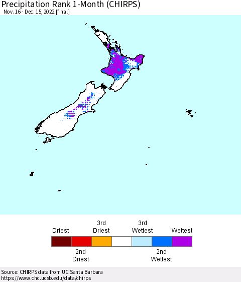 New Zealand Precipitation Rank since 1981, 1-Month (CHIRPS) Thematic Map For 11/16/2022 - 12/15/2022