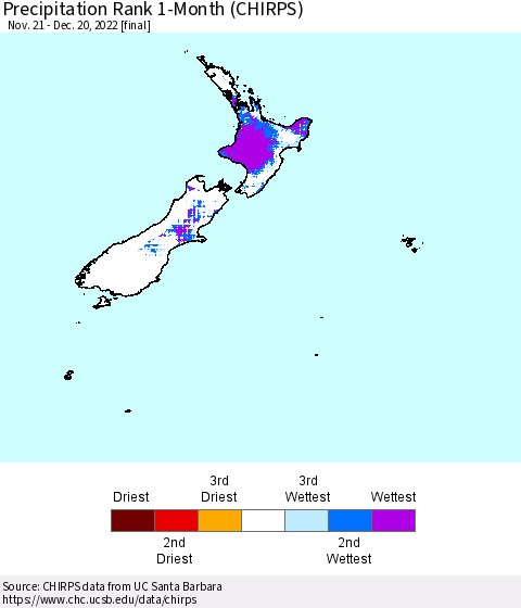 New Zealand Precipitation Rank since 1981, 1-Month (CHIRPS) Thematic Map For 11/21/2022 - 12/20/2022