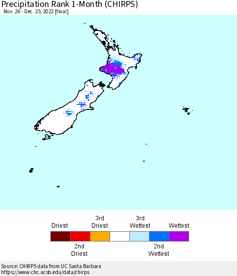 New Zealand Precipitation Rank since 1981, 1-Month (CHIRPS) Thematic Map For 11/26/2022 - 12/25/2022