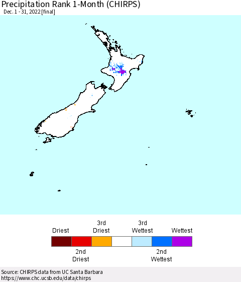 New Zealand Precipitation Rank since 1981, 1-Month (CHIRPS) Thematic Map For 12/1/2022 - 12/31/2022