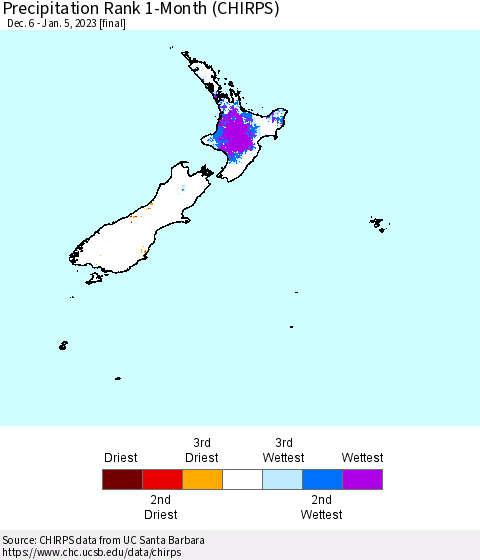New Zealand Precipitation Rank since 1981, 1-Month (CHIRPS) Thematic Map For 12/6/2022 - 1/5/2023