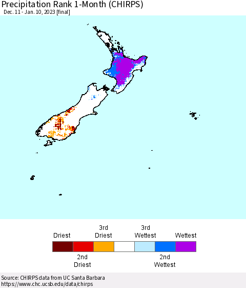 New Zealand Precipitation Rank since 1981, 1-Month (CHIRPS) Thematic Map For 12/11/2022 - 1/10/2023