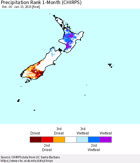 New Zealand Precipitation Rank since 1981, 1-Month (CHIRPS) Thematic Map For 12/16/2022 - 1/15/2023