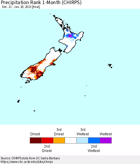 New Zealand Precipitation Rank since 1981, 1-Month (CHIRPS) Thematic Map For 12/21/2022 - 1/20/2023