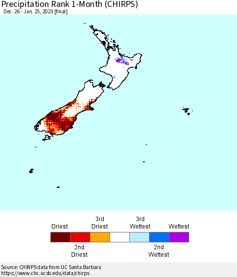 New Zealand Precipitation Rank since 1981, 1-Month (CHIRPS) Thematic Map For 12/26/2022 - 1/25/2023
