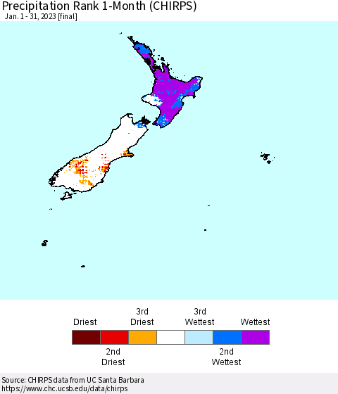 New Zealand Precipitation Rank since 1981, 1-Month (CHIRPS) Thematic Map For 1/1/2023 - 1/31/2023