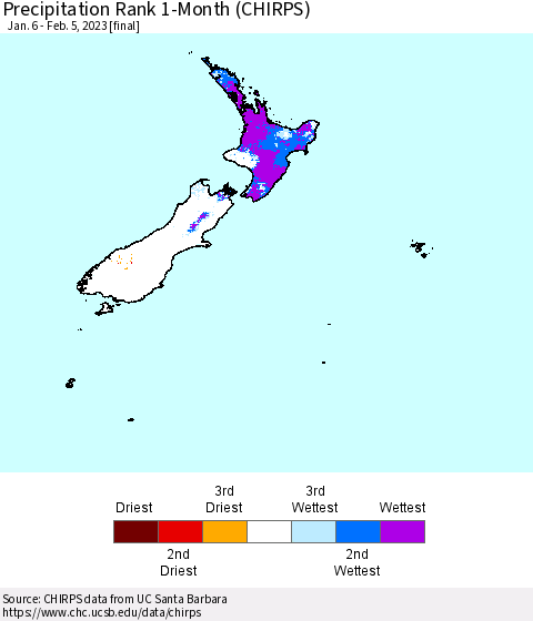 New Zealand Precipitation Rank since 1981, 1-Month (CHIRPS) Thematic Map For 1/6/2023 - 2/5/2023