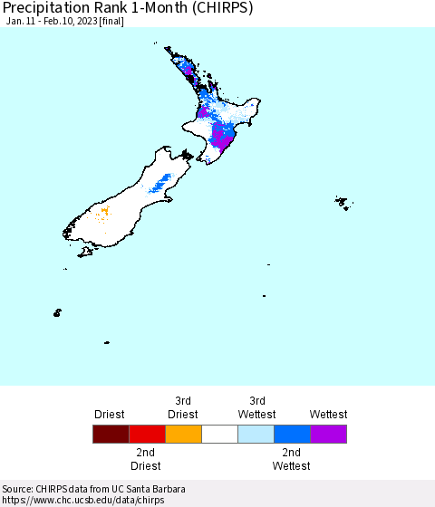 New Zealand Precipitation Rank since 1981, 1-Month (CHIRPS) Thematic Map For 1/11/2023 - 2/10/2023