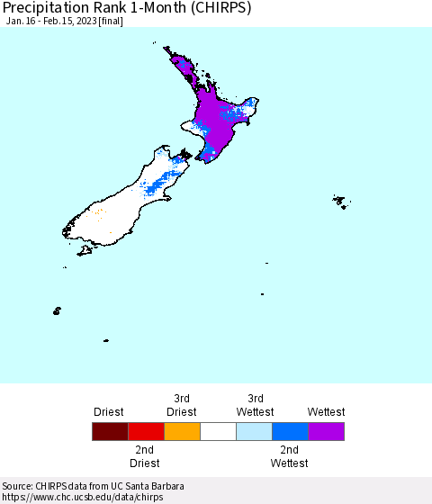 New Zealand Precipitation Rank since 1981, 1-Month (CHIRPS) Thematic Map For 1/16/2023 - 2/15/2023