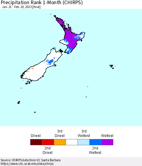 New Zealand Precipitation Rank since 1981, 1-Month (CHIRPS) Thematic Map For 1/21/2023 - 2/20/2023