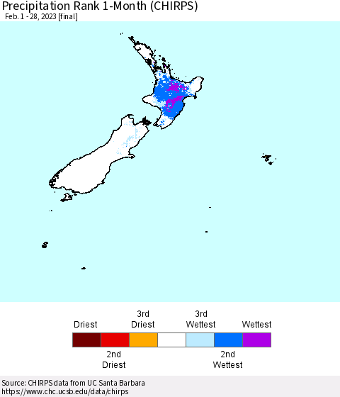 New Zealand Precipitation Rank since 1981, 1-Month (CHIRPS) Thematic Map For 2/1/2023 - 2/28/2023
