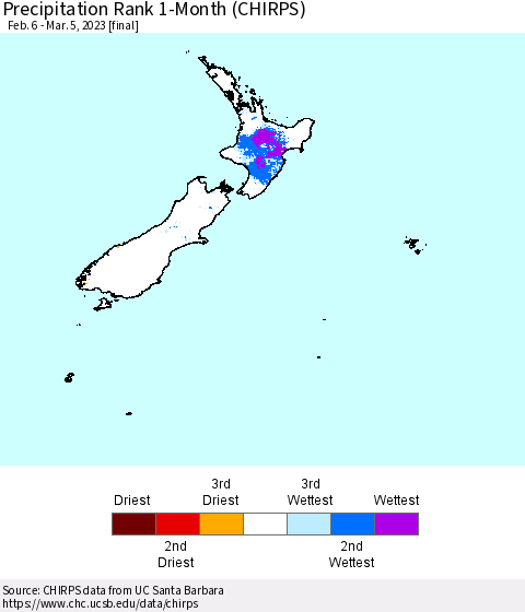 New Zealand Precipitation Rank since 1981, 1-Month (CHIRPS) Thematic Map For 2/6/2023 - 3/5/2023