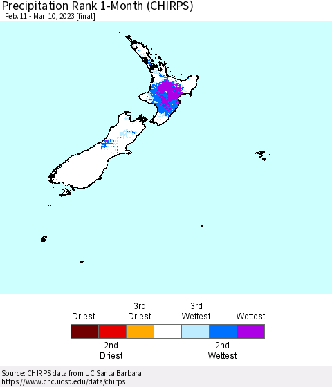 New Zealand Precipitation Rank since 1981, 1-Month (CHIRPS) Thematic Map For 2/11/2023 - 3/10/2023