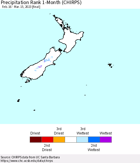 New Zealand Precipitation Rank since 1981, 1-Month (CHIRPS) Thematic Map For 2/16/2023 - 3/15/2023
