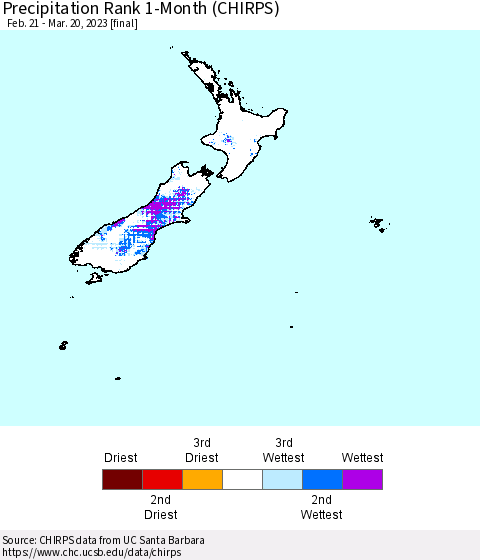 New Zealand Precipitation Rank since 1981, 1-Month (CHIRPS) Thematic Map For 2/21/2023 - 3/20/2023