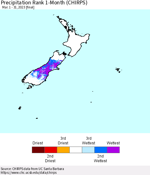 New Zealand Precipitation Rank since 1981, 1-Month (CHIRPS) Thematic Map For 3/1/2023 - 3/31/2023