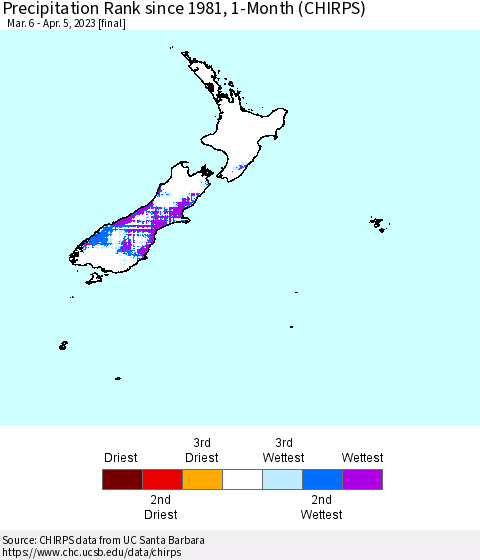 New Zealand Precipitation Rank since 1981, 1-Month (CHIRPS) Thematic Map For 3/6/2023 - 4/5/2023