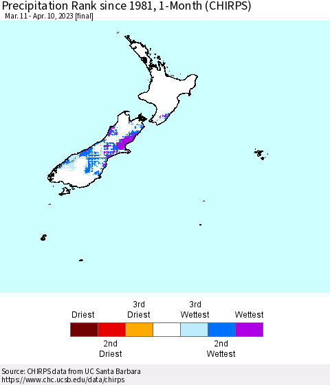 New Zealand Precipitation Rank since 1981, 1-Month (CHIRPS) Thematic Map For 3/11/2023 - 4/10/2023