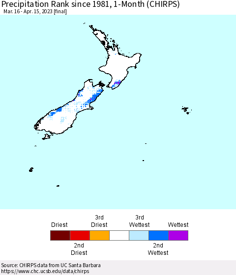 New Zealand Precipitation Rank since 1981, 1-Month (CHIRPS) Thematic Map For 3/16/2023 - 4/15/2023