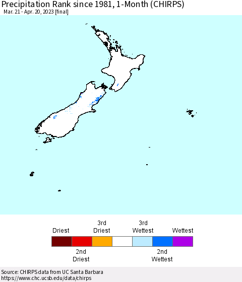 New Zealand Precipitation Rank since 1981, 1-Month (CHIRPS) Thematic Map For 3/21/2023 - 4/20/2023