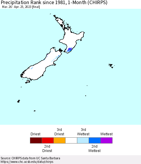 New Zealand Precipitation Rank since 1981, 1-Month (CHIRPS) Thematic Map For 3/26/2023 - 4/25/2023