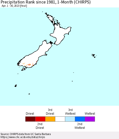 New Zealand Precipitation Rank since 1981, 1-Month (CHIRPS) Thematic Map For 4/1/2023 - 4/30/2023