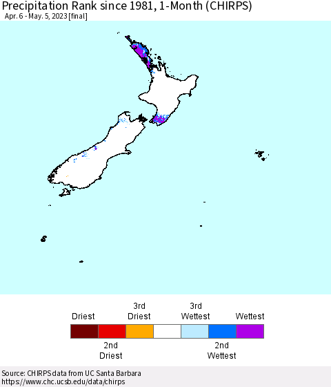 New Zealand Precipitation Rank since 1981, 1-Month (CHIRPS) Thematic Map For 4/6/2023 - 5/5/2023