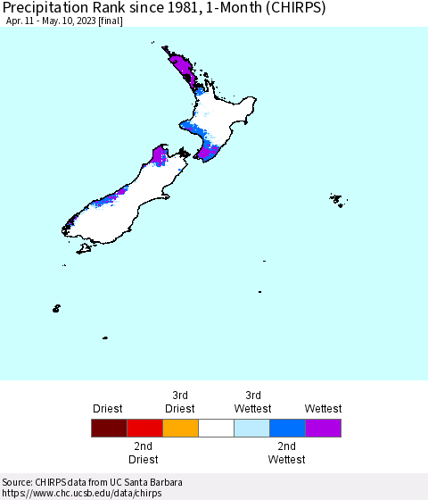 New Zealand Precipitation Rank since 1981, 1-Month (CHIRPS) Thematic Map For 4/11/2023 - 5/10/2023