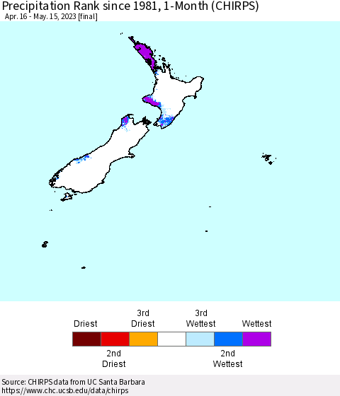 New Zealand Precipitation Rank since 1981, 1-Month (CHIRPS) Thematic Map For 4/16/2023 - 5/15/2023