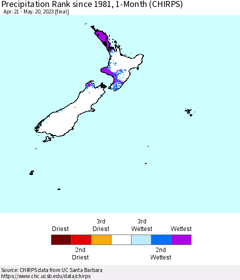 New Zealand Precipitation Rank since 1981, 1-Month (CHIRPS) Thematic Map For 4/21/2023 - 5/20/2023
