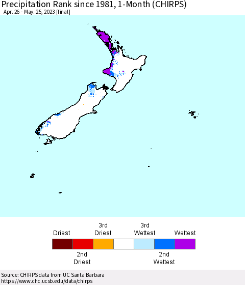 New Zealand Precipitation Rank since 1981, 1-Month (CHIRPS) Thematic Map For 4/26/2023 - 5/25/2023