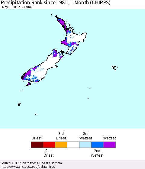 New Zealand Precipitation Rank since 1981, 1-Month (CHIRPS) Thematic Map For 5/1/2023 - 5/31/2023