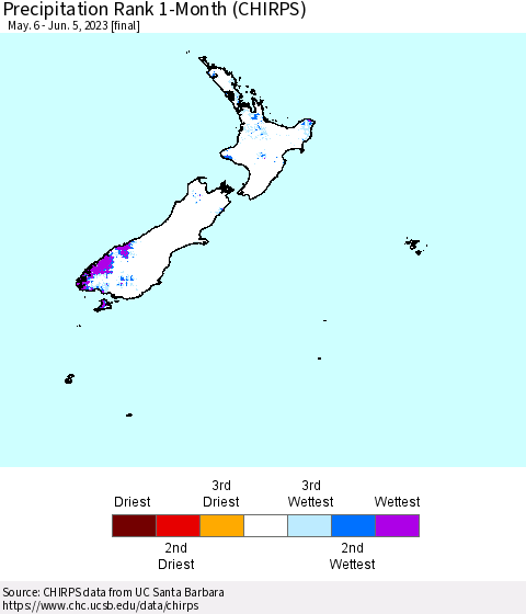 New Zealand Precipitation Rank since 1981, 1-Month (CHIRPS) Thematic Map For 5/6/2023 - 6/5/2023