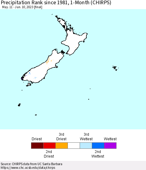 New Zealand Precipitation Rank since 1981, 1-Month (CHIRPS) Thematic Map For 5/11/2023 - 6/10/2023