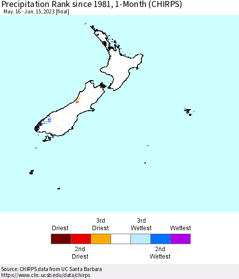 New Zealand Precipitation Rank since 1981, 1-Month (CHIRPS) Thematic Map For 5/16/2023 - 6/15/2023