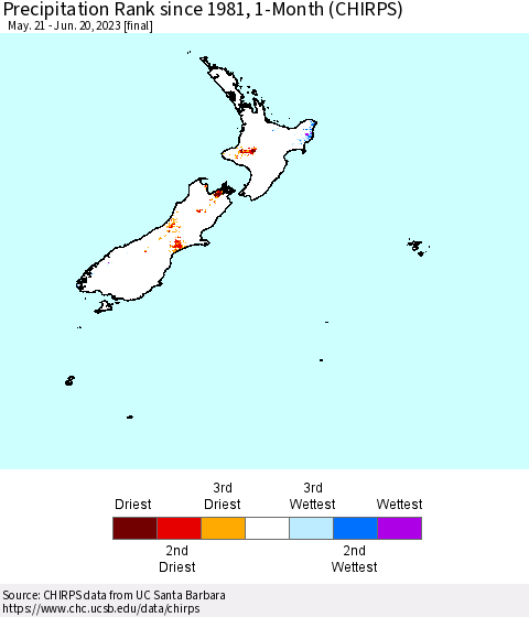 New Zealand Precipitation Rank since 1981, 1-Month (CHIRPS) Thematic Map For 5/21/2023 - 6/20/2023
