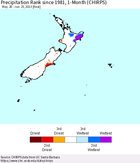 New Zealand Precipitation Rank since 1981, 1-Month (CHIRPS) Thematic Map For 5/26/2023 - 6/25/2023