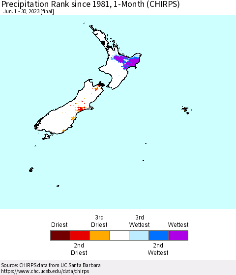 New Zealand Precipitation Rank since 1981, 1-Month (CHIRPS) Thematic Map For 6/1/2023 - 6/30/2023