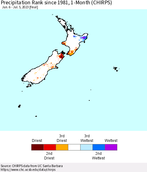 New Zealand Precipitation Rank since 1981, 1-Month (CHIRPS) Thematic Map For 6/6/2023 - 7/5/2023