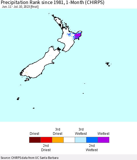 New Zealand Precipitation Rank since 1981, 1-Month (CHIRPS) Thematic Map For 6/11/2023 - 7/10/2023