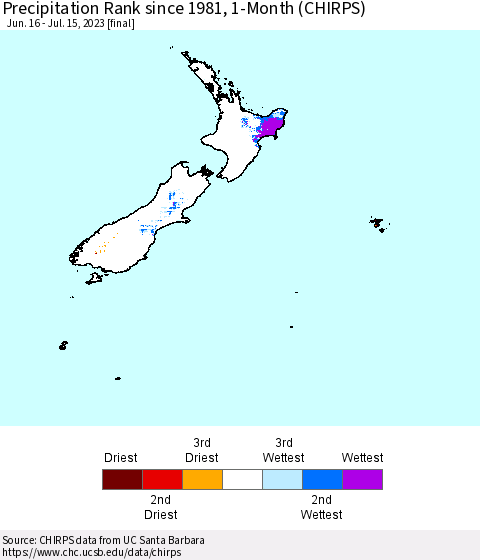 New Zealand Precipitation Rank since 1981, 1-Month (CHIRPS) Thematic Map For 6/16/2023 - 7/15/2023