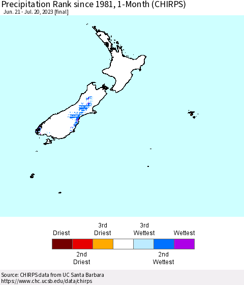 New Zealand Precipitation Rank since 1981, 1-Month (CHIRPS) Thematic Map For 6/21/2023 - 7/20/2023