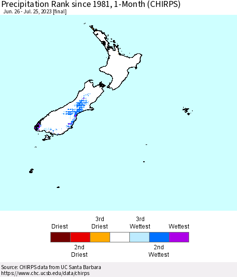 New Zealand Precipitation Rank since 1981, 1-Month (CHIRPS) Thematic Map For 6/26/2023 - 7/25/2023