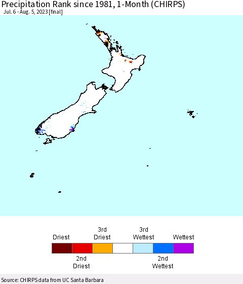 New Zealand Precipitation Rank since 1981, 1-Month (CHIRPS) Thematic Map For 7/6/2023 - 8/5/2023