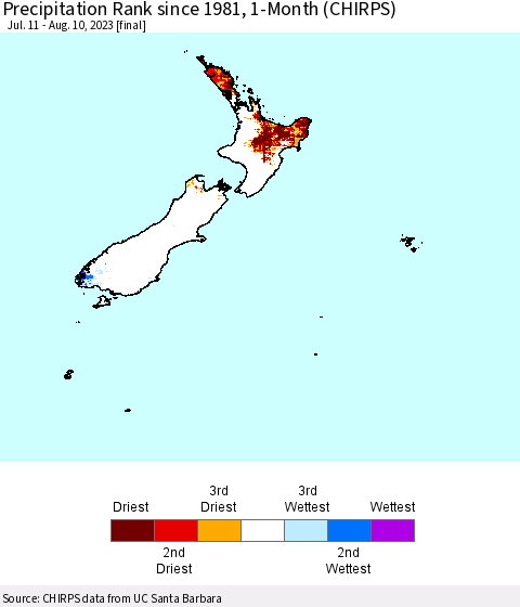 New Zealand Precipitation Rank since 1981, 1-Month (CHIRPS) Thematic Map For 7/11/2023 - 8/10/2023