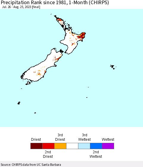 New Zealand Precipitation Rank since 1981, 1-Month (CHIRPS) Thematic Map For 7/26/2023 - 8/25/2023
